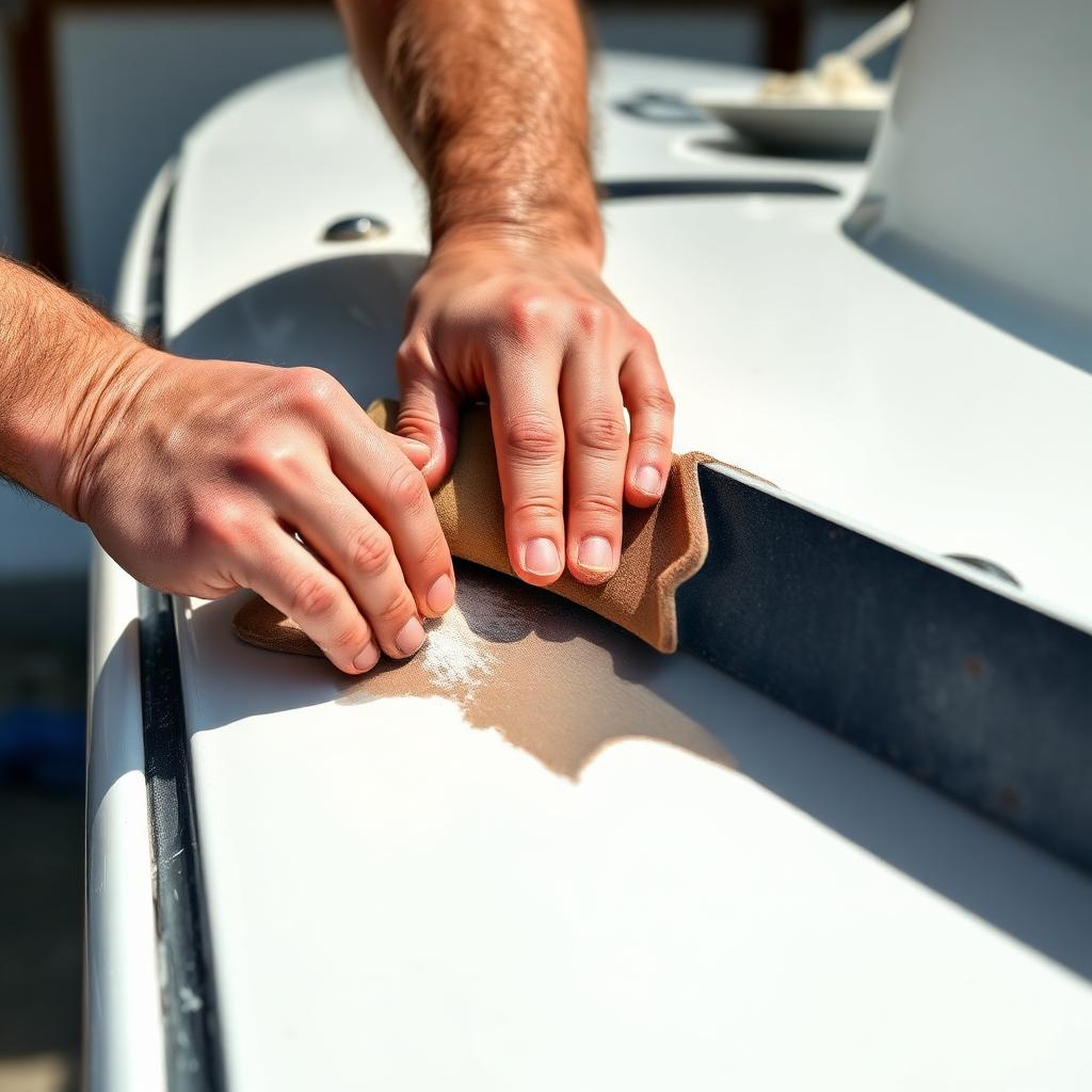 Sanding a gelcoat repair on a white fibreglass hull