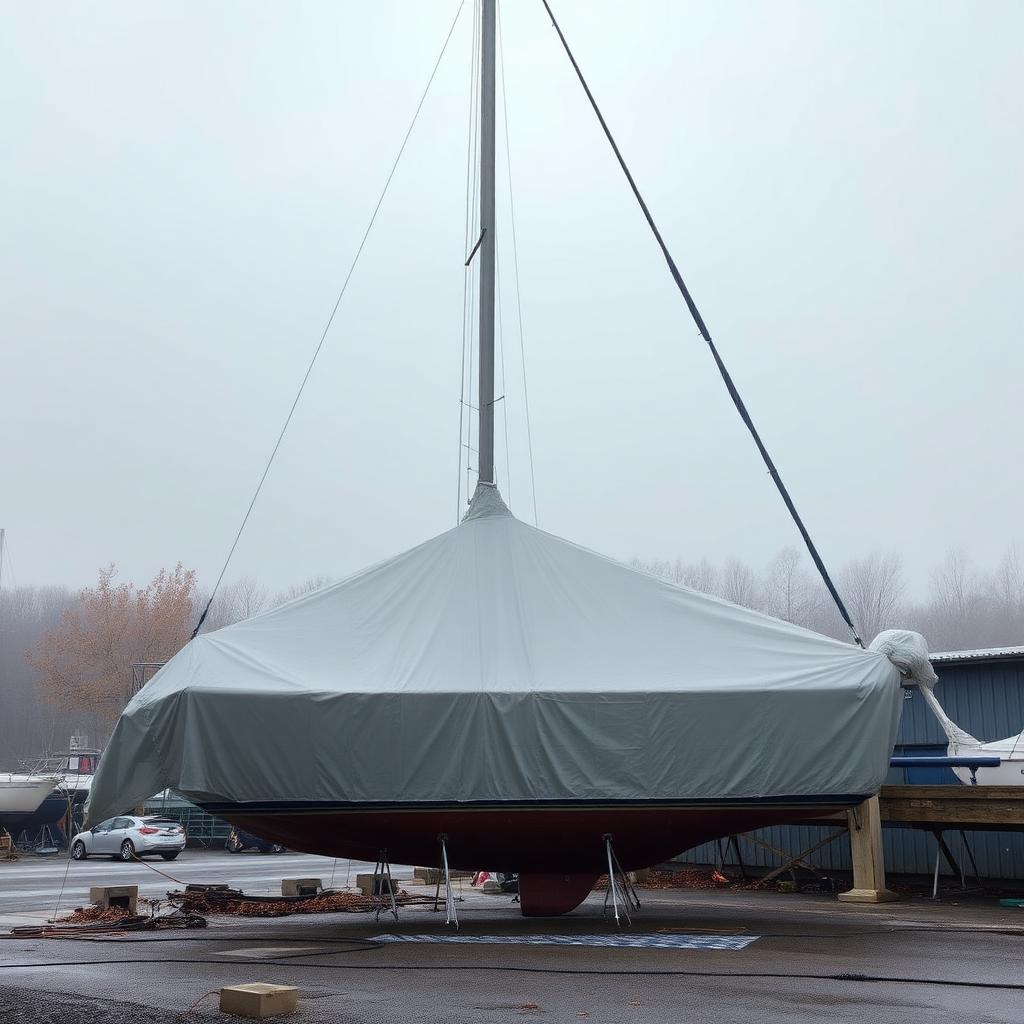 Winterised sailing boat under a cover in a boatyard