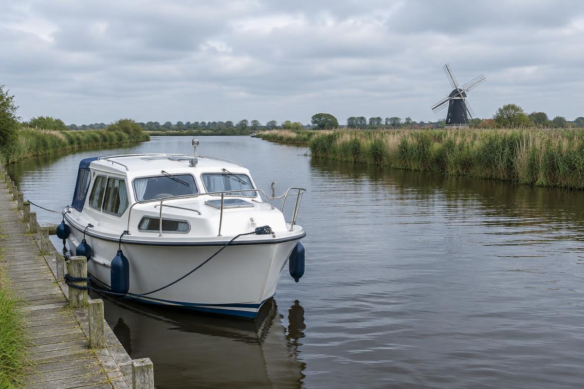 Small white inland cruiser moored on a reed-lined Norfolk Broads river with a windmill in the distance