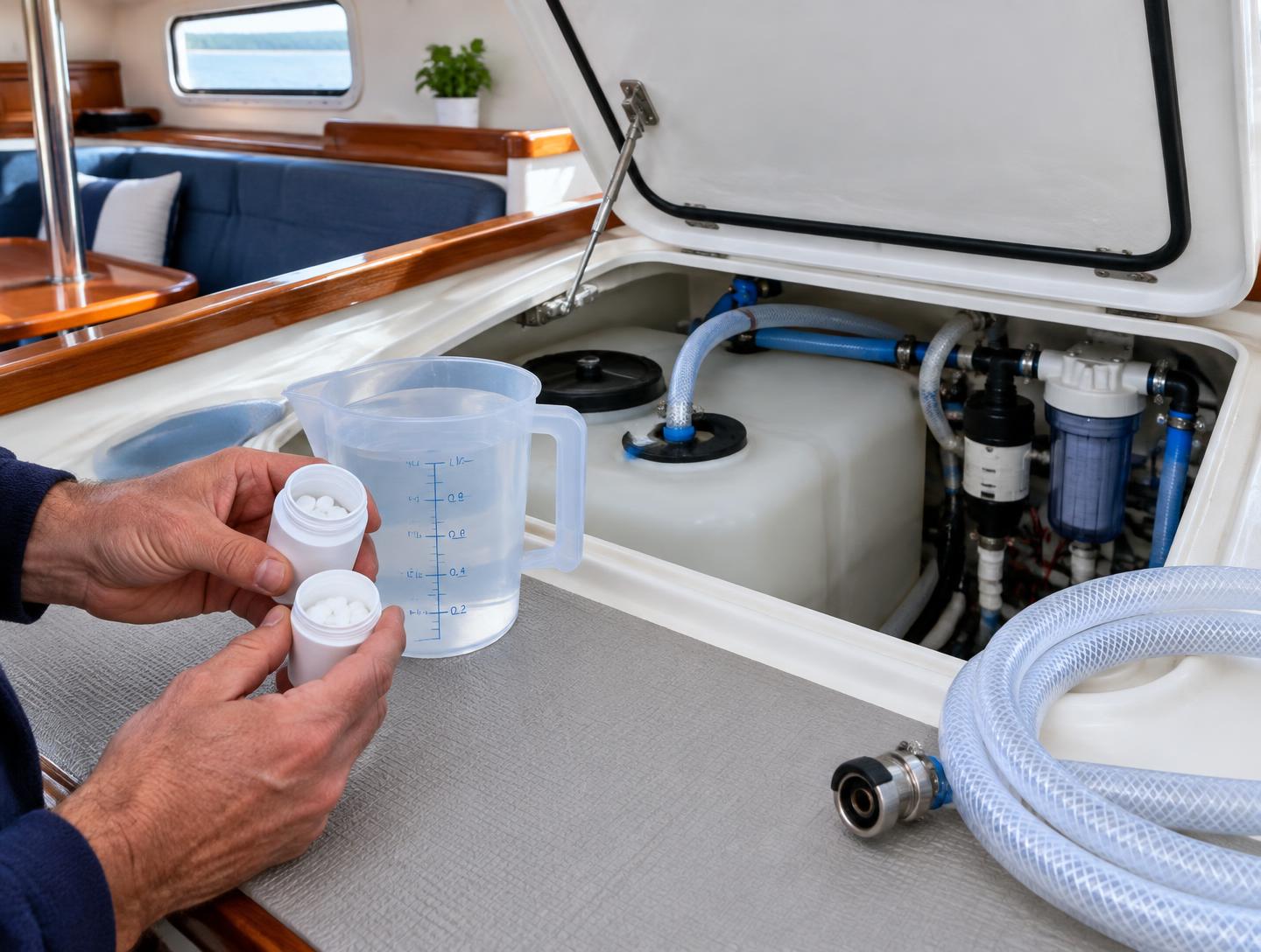 Boat owner preparing potable-water sanitizer tablets beside a freshwater tank and clean filling hose