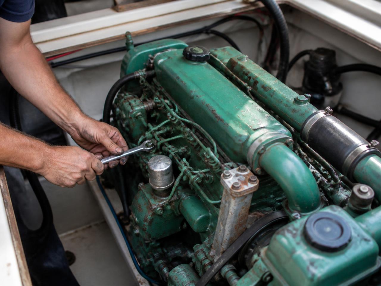 Real marine diesel engine in a boat engine bay