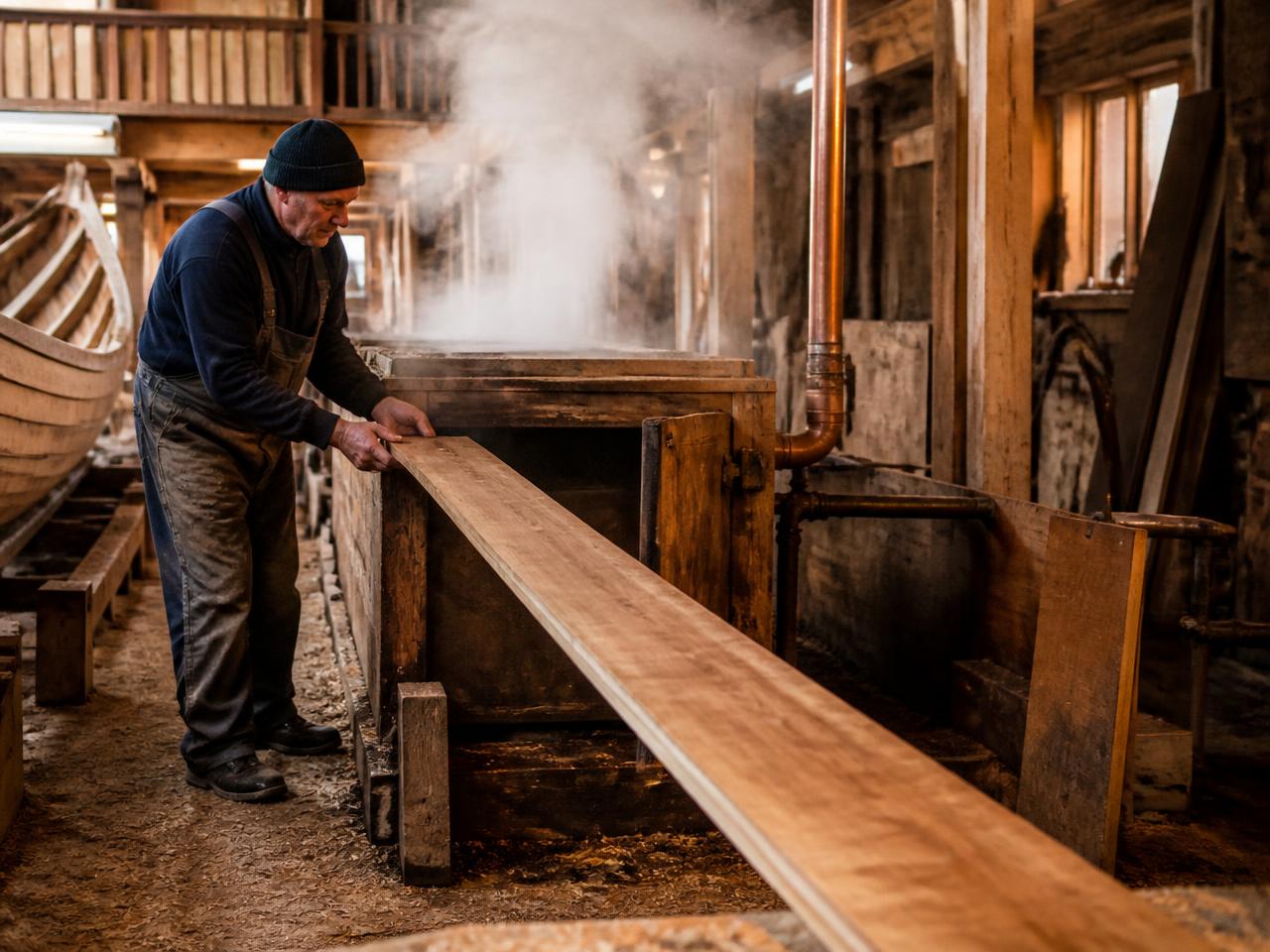 Steam-bending an oak plank in a wooden boat workshop steam box