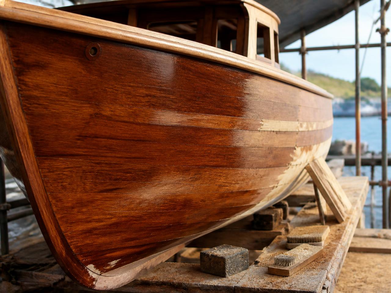 Classic wooden boat hull brightwork in a workshop